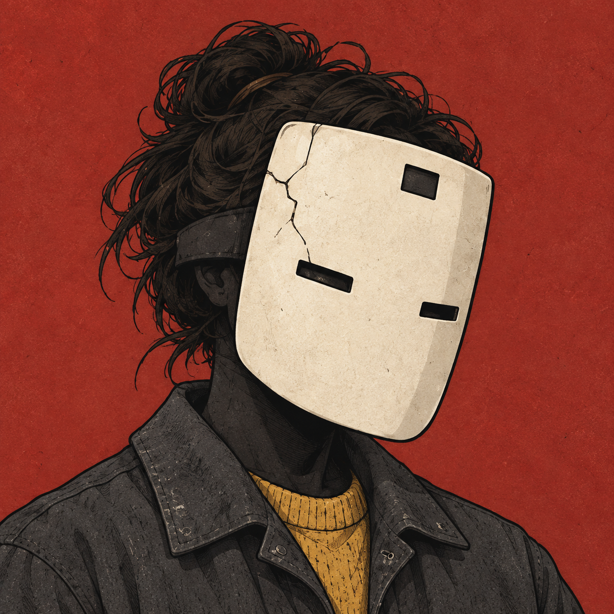 Ivory-masked resident with dark hair, a charcoal work jacket and a mustard collar