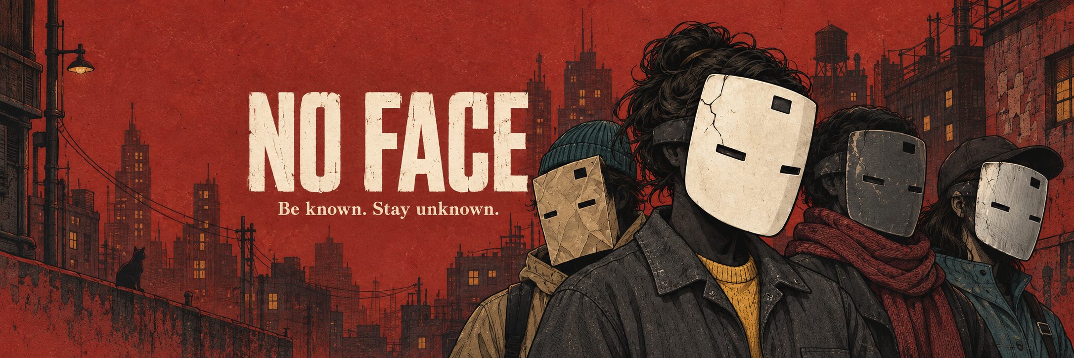 Four residents in ceramic, paper and metal masks against a red illustrated city skyline
